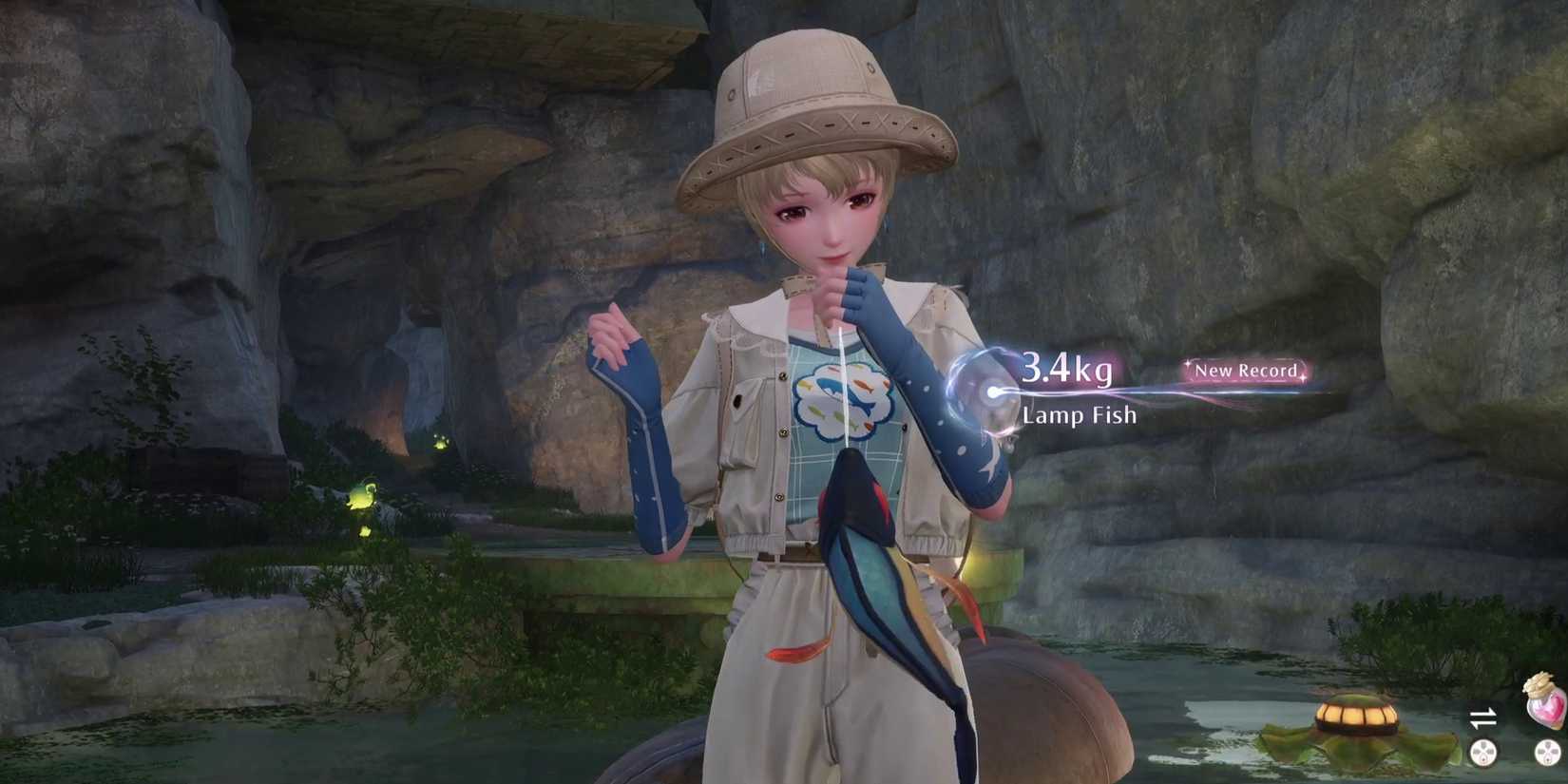 Infinity Nikki gameplay showing a caught Lamp Fish