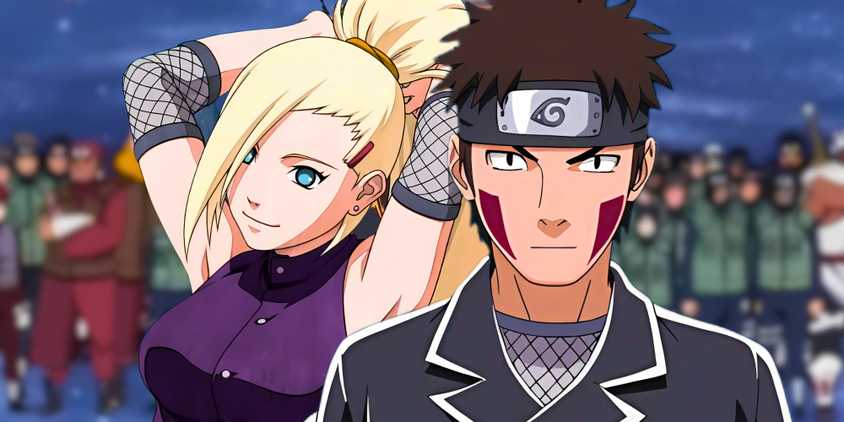 Ino Yamanaka posing while tying her hair and Kiba looking serious edited in one image with Naruto characters in the background.