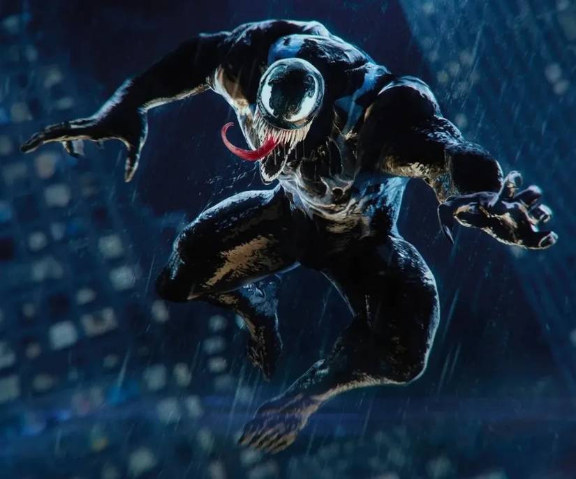 Insomniac Venom Swinging Through City In Rain