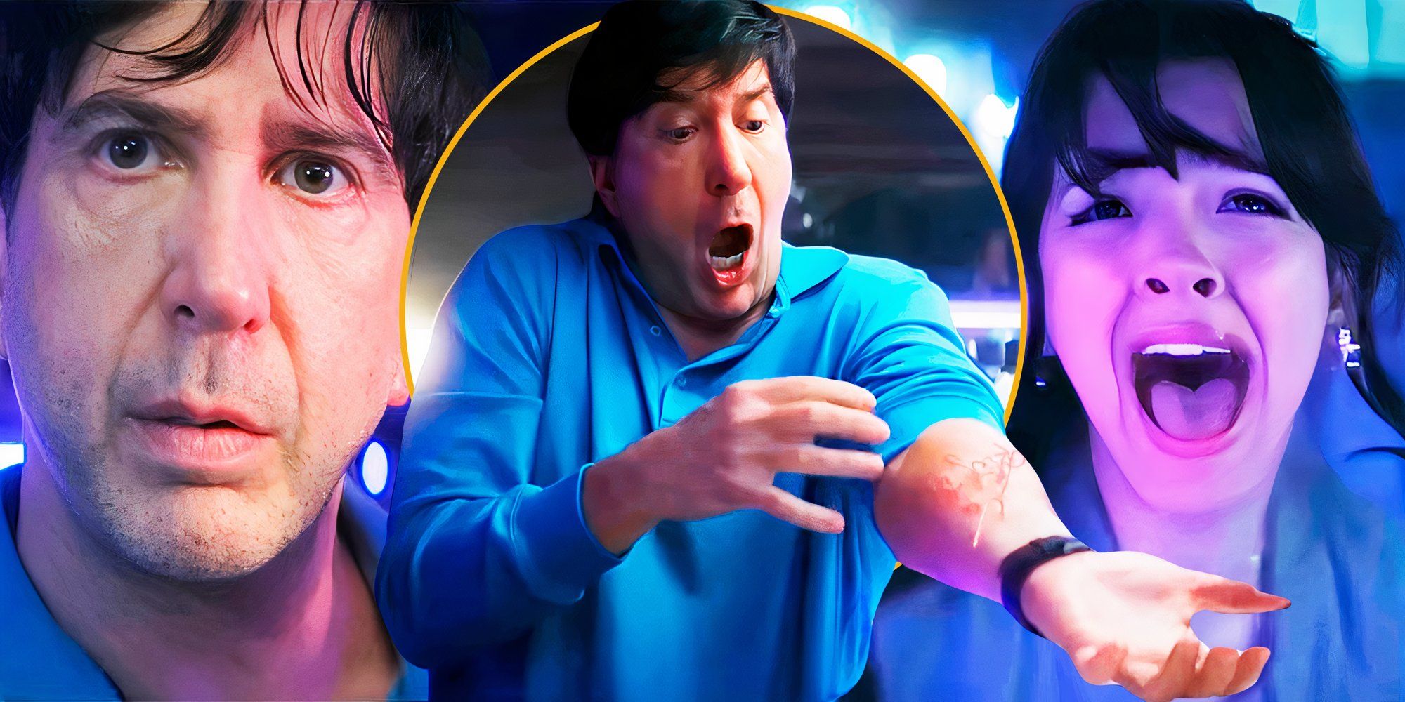 David Schwimmer&rsquo;s Anthony looking confused and shouting with something coming out of his arm, and Galilea La Salvia&rsquo;s Frankie screaming in Goosebumps: The Vanishing Interview header
