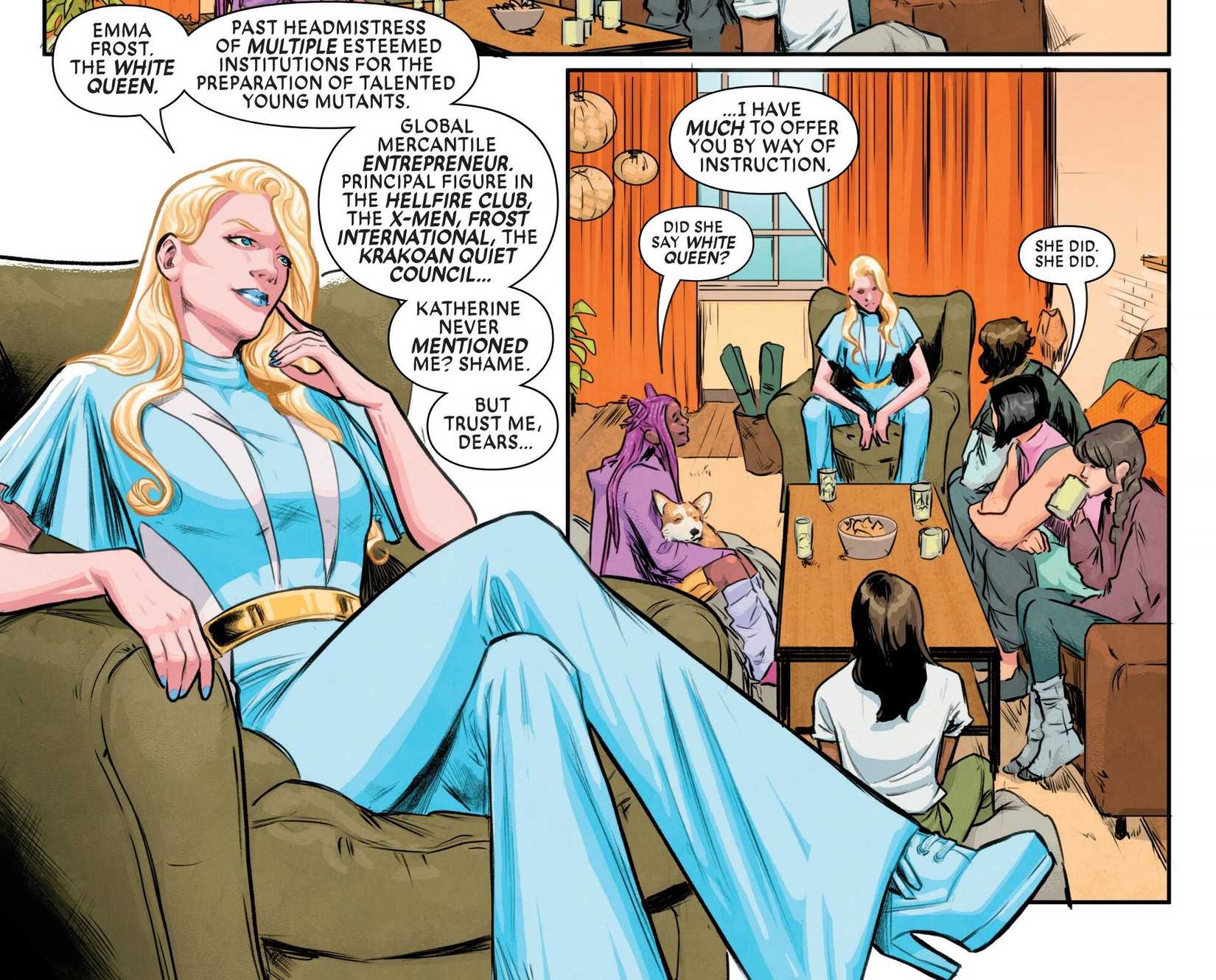 Emma Frost introduces herself to the Exceptional X-Men
