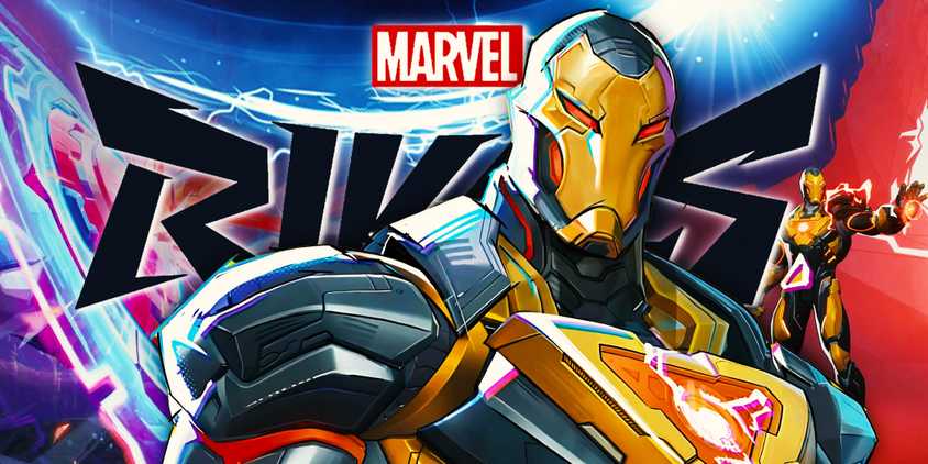 Iron Man in his Armor 42 skin in front of Marvel Rivals logo