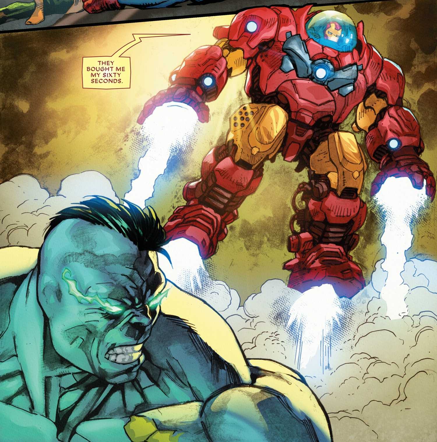 Comic book panel: Iron Man's new Hulkbuster suit descends behind Silver Hulk.