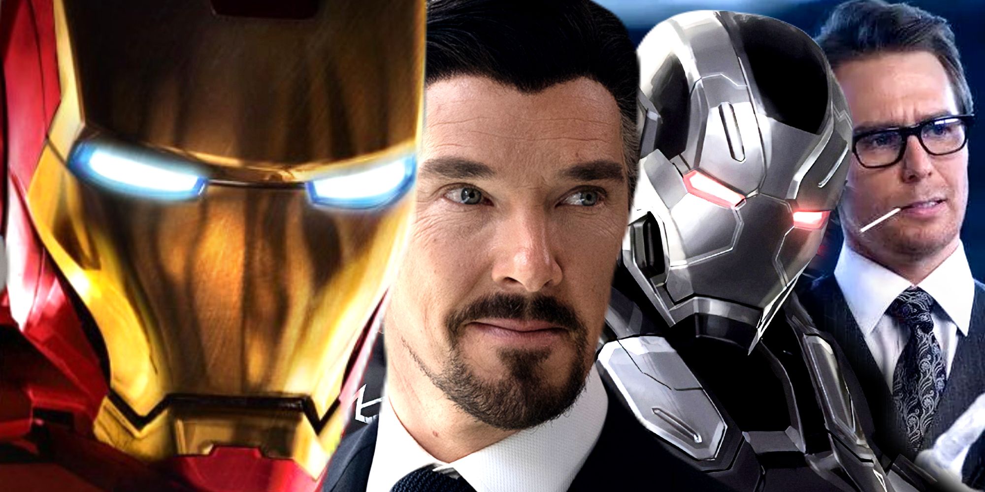 Iron Man poses with his helmet alongside War Machine, Justin Hammer, and Doctor Strange in the MCU
