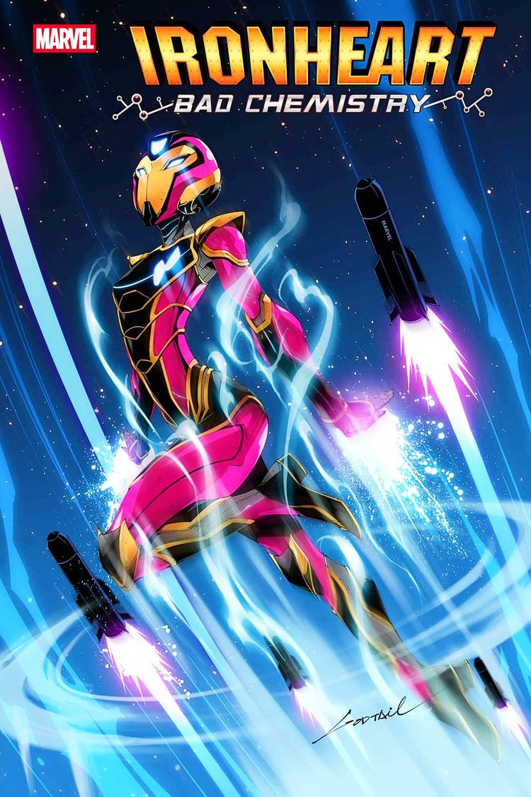 Ironheart Bad Chemistry variant cover, Ironheart soaring into the night sky alongside several missles