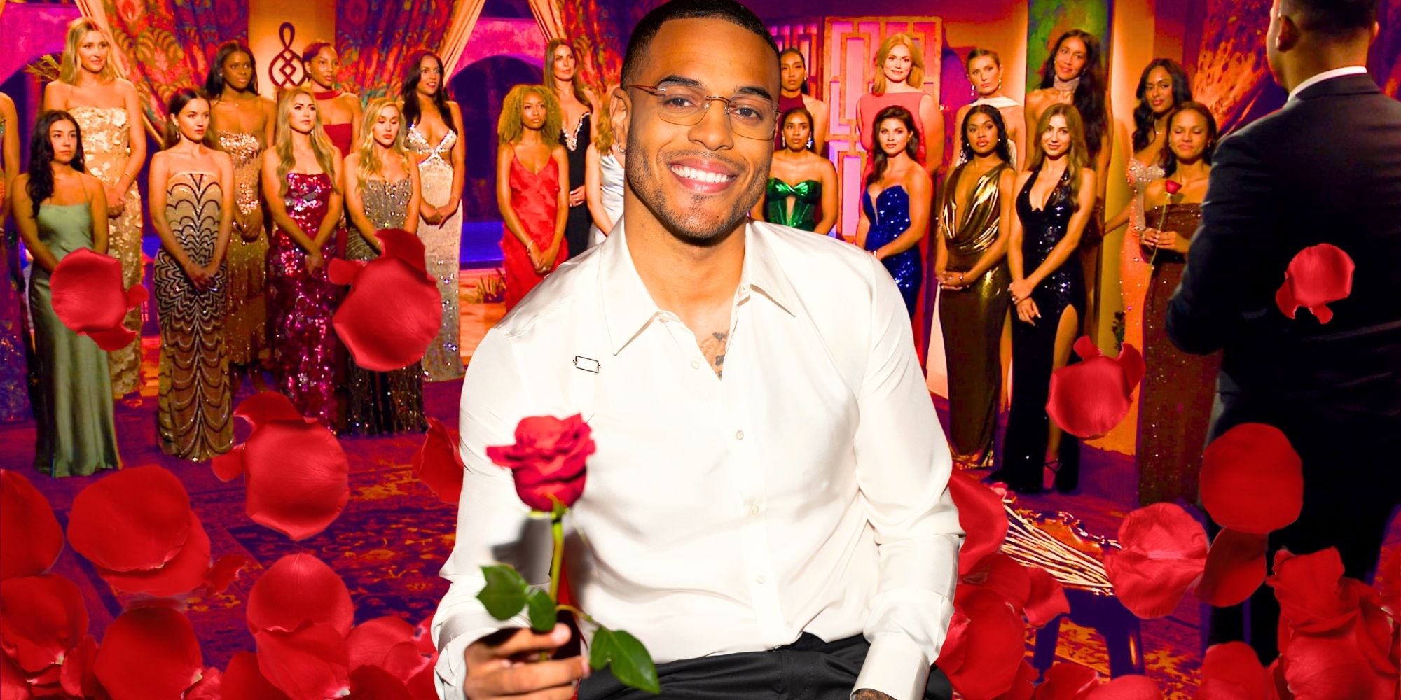 The Bachelor's Grant Ellis holds a red rose, with the contestants lined up behind him.