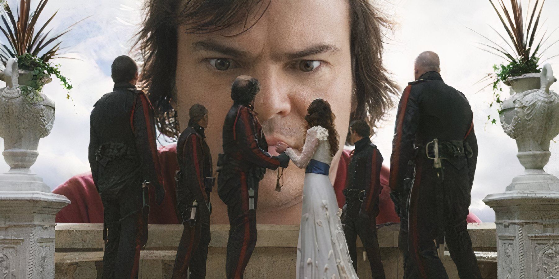 Jack Black looking at little people in Gulliver's Travels