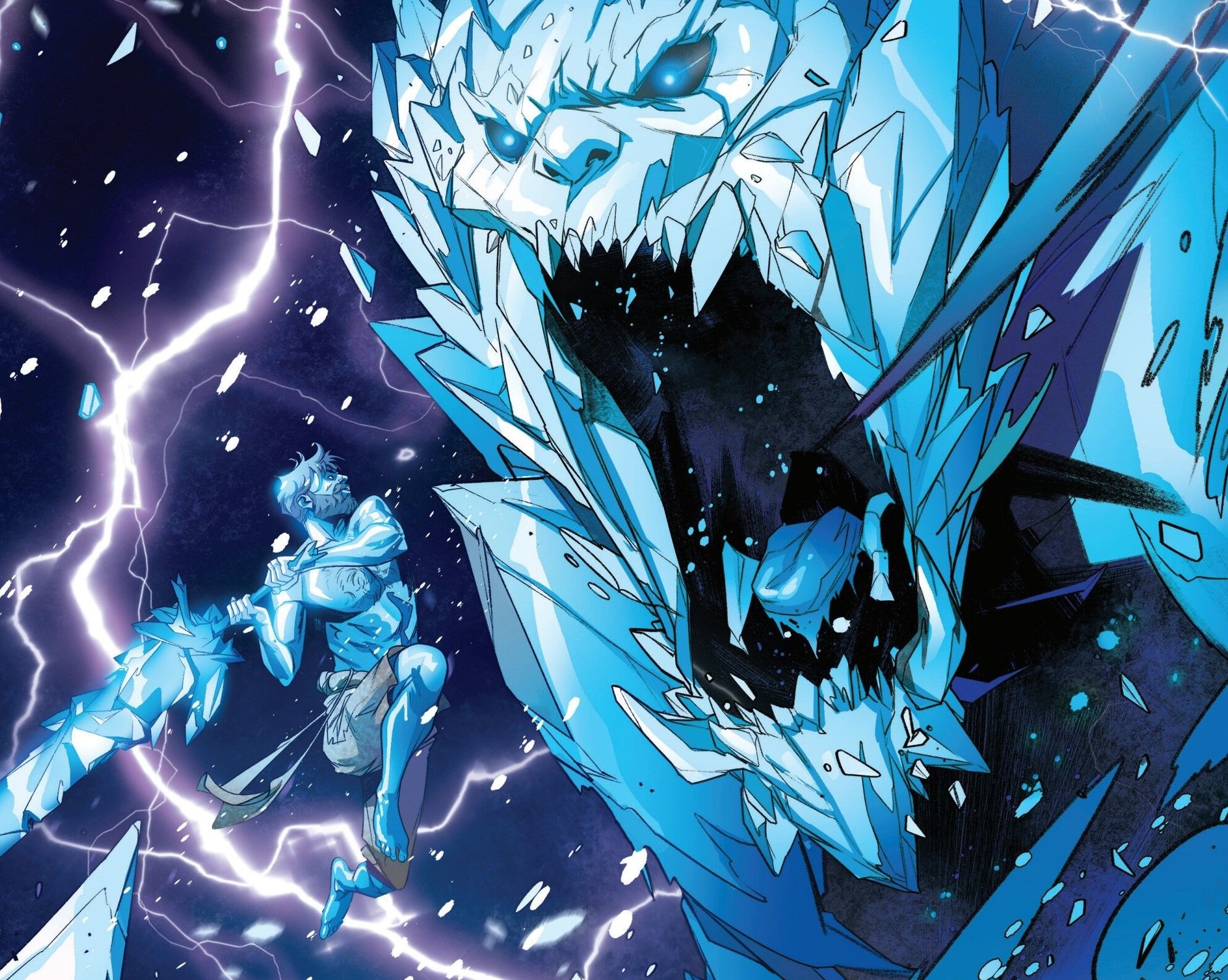 Jack Frost lucha contra el gigante helado usando una enorme palabra de hielo.