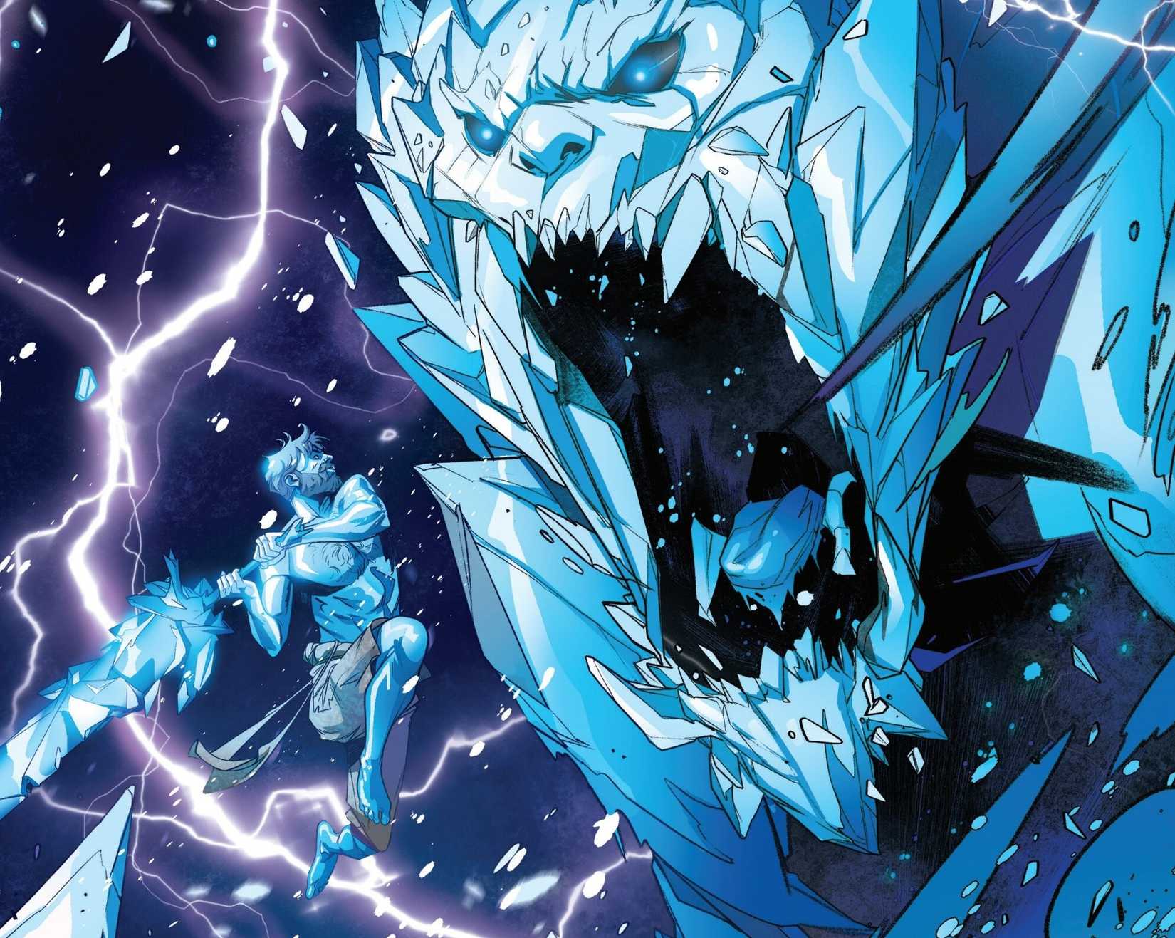Jack Frost fights an ice giant using a massive icy-sword.