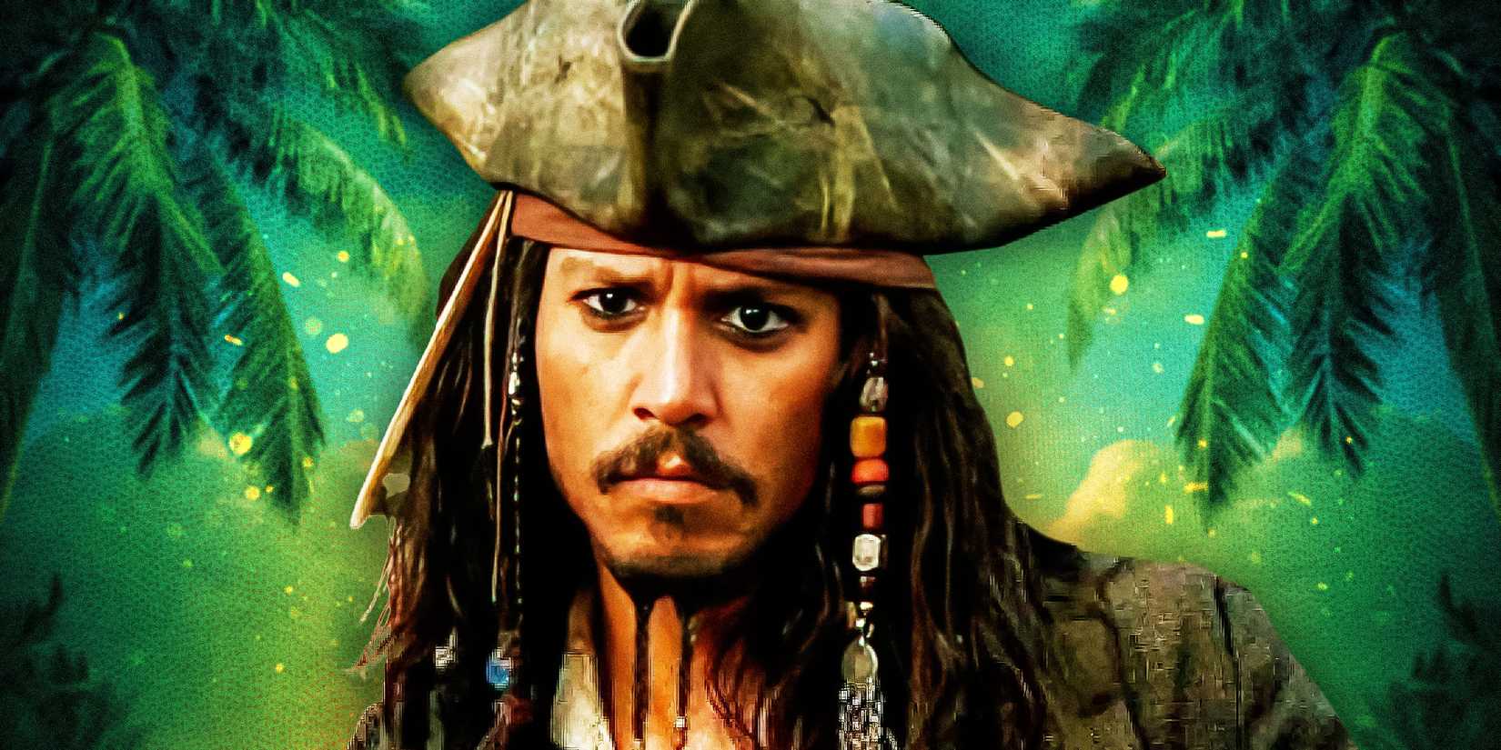 Johnny Depp as Jack Sparrow in Pirates of the Caribbean frowning in front of a green palm tree background