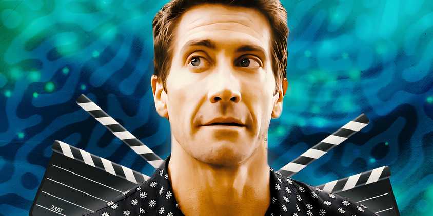 An edited image of Jake Gyllenhaal in Road House in front of a blue background and film slates.