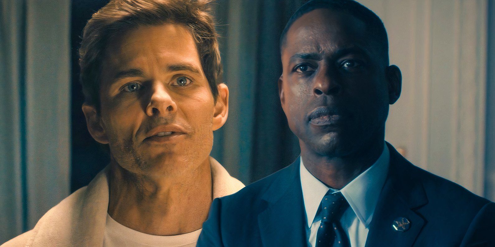 James Marsden as President Cal Bradford and Sterling K. Brown as Xavier Collins in Paradise