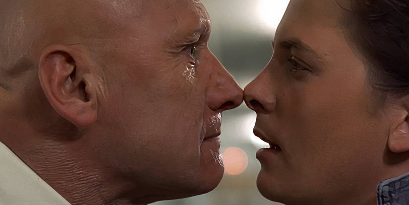 James Tolkan touches noses with Michael J Fox in Back to the Future