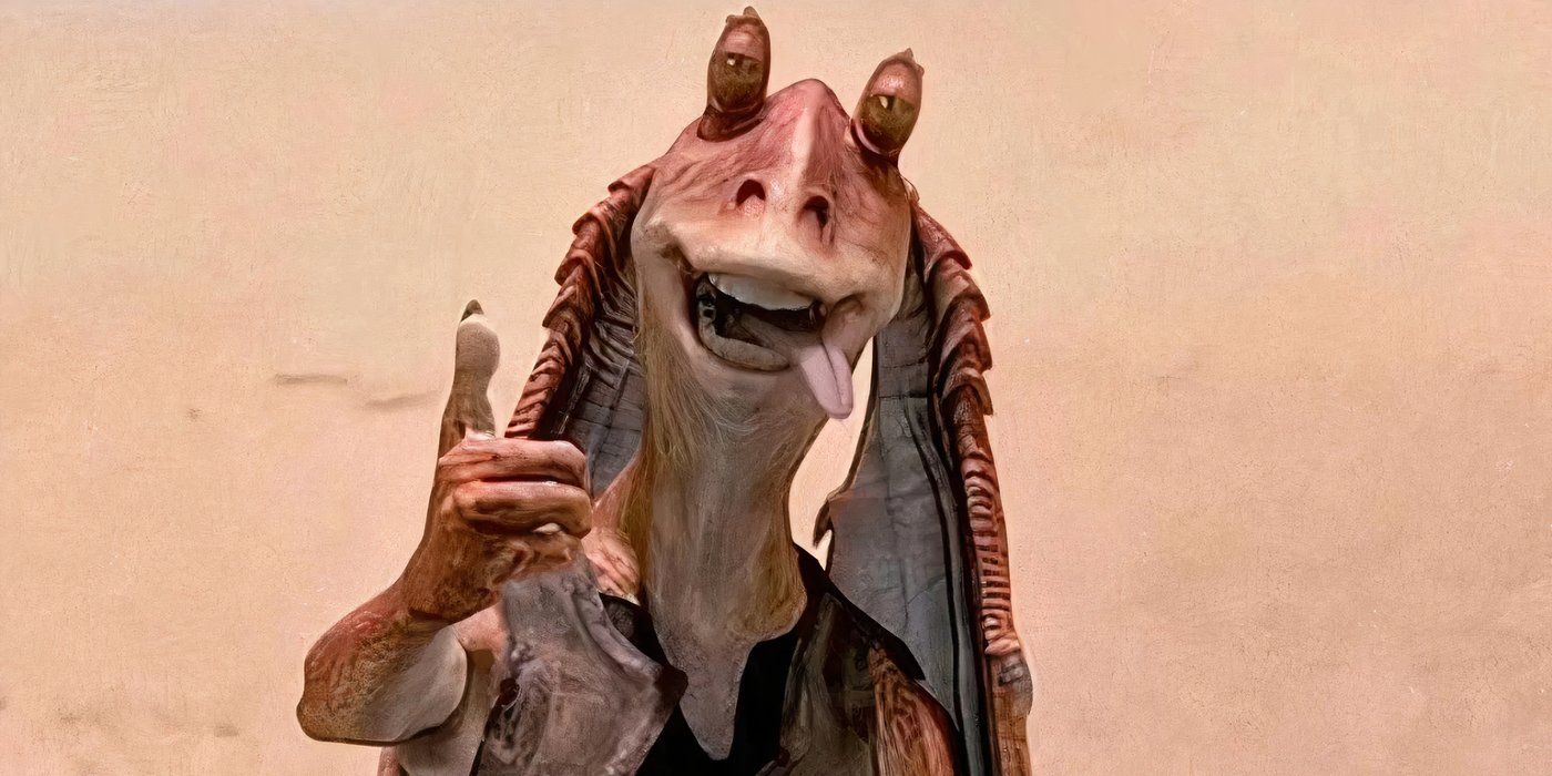 Jar Jar Binks standing in the desert, smiling with a thumbs up and his tongue sticking out.