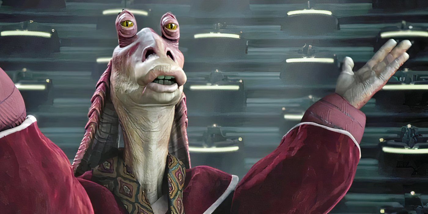 Jar Jar Binks speaking to the Galactic Senate in Star Wars.