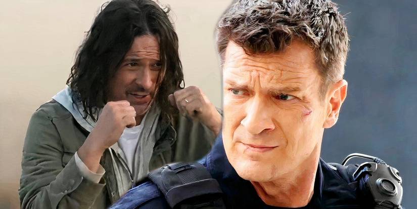 Jason getting ready to fight next to John Nolan looking off to the side in The Rookie