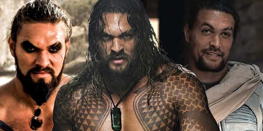 Collage of Jason Momoa in Game of Thrones, Aquaman and Dune