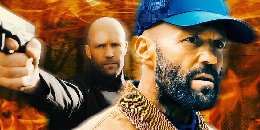 Jason Statham from Wrath of Man and The Beekeeper over an orange background with flames