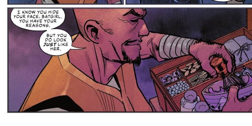 Comic book panel: Jayesh of the Order of Shiva tells Cassandra Cain she looks just like Lady Shiva in Batgirl #3