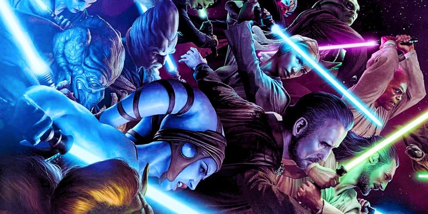 Jedi from across the different eras of Star Wars leaping into action, lightsabers drawn