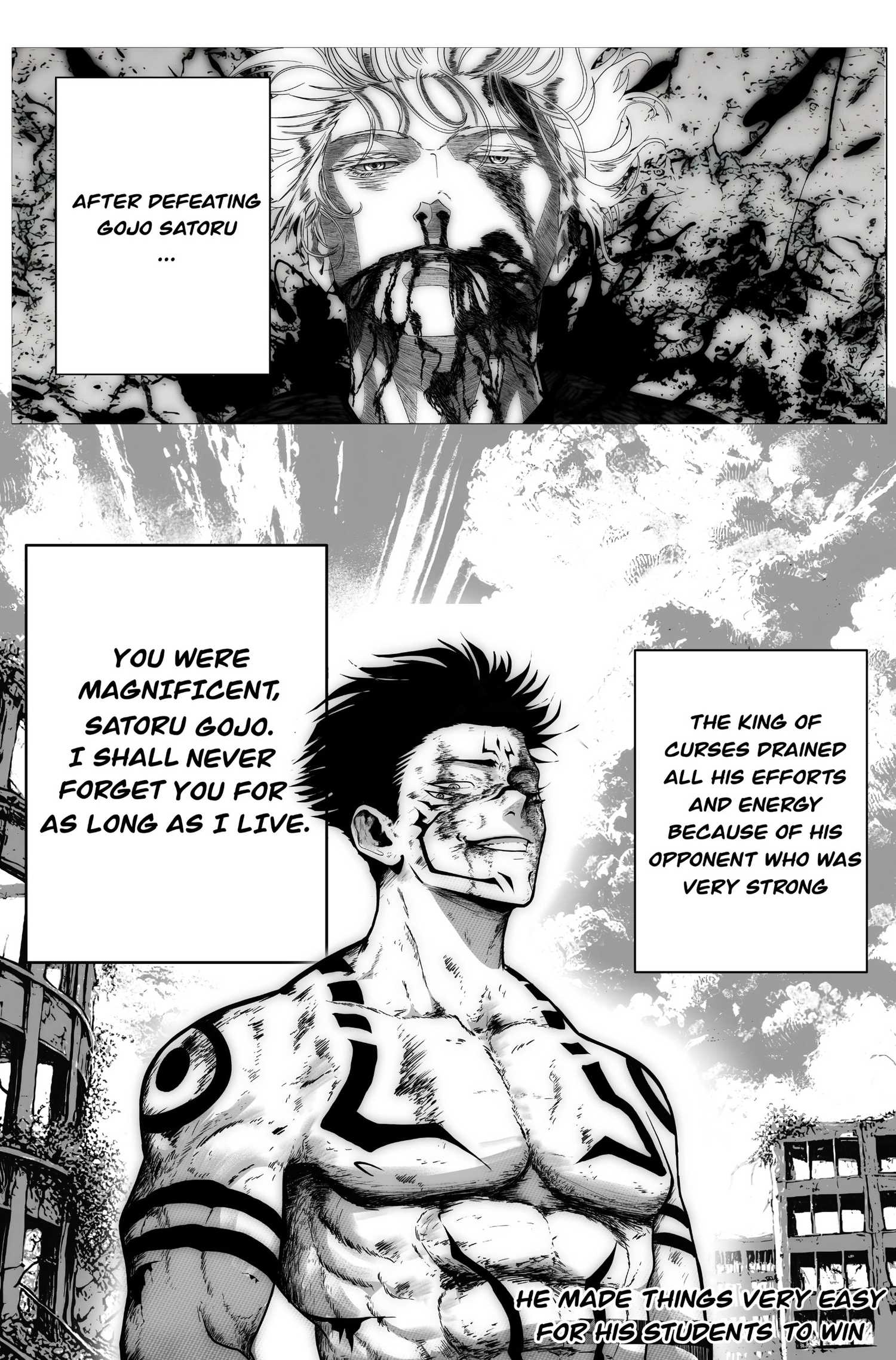 JJnK panel of Sukuna standing on top of a dead Gojo
