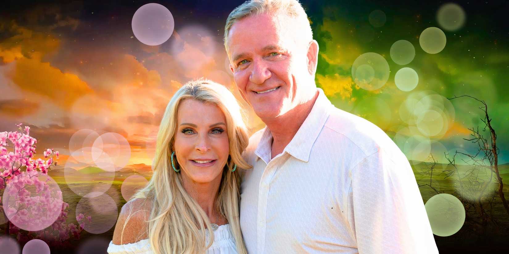 The Golden Bachelorette stars Joan Vassos and Chock Chapple in montage of them smiling amid sun