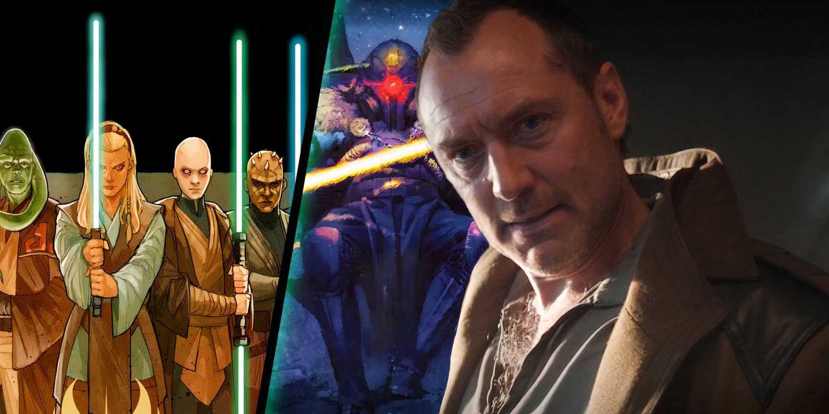 Jude Law as Jod Na Nawood in Skeleton Crew episode 7 (2025) next to artwork for Star Wars' High Republic era