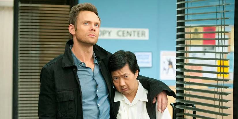 Joel McHale as Jeff Winger and Hugging Ken Jeong as Ben Chang on Community