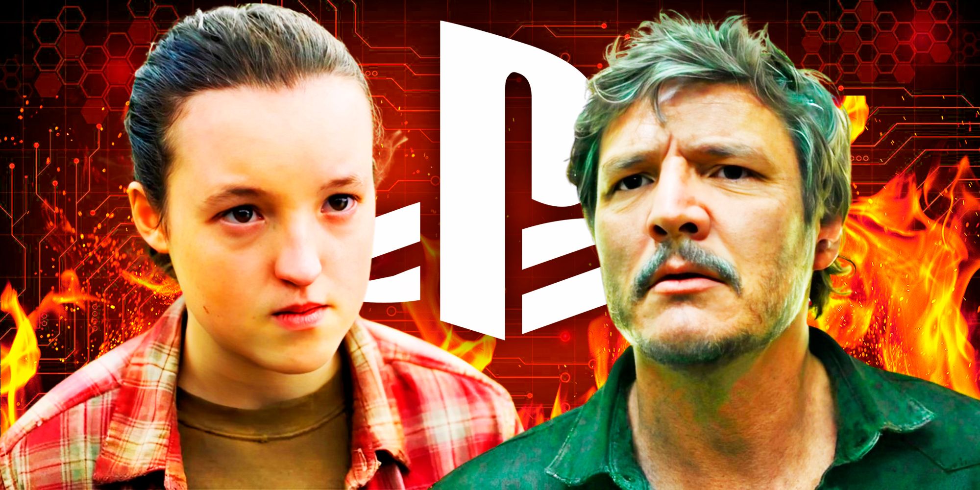 Joel (Pedro Pascal) and Ellie (Bella Ramsey) from The Last of Us with a PlayStation logo in the background