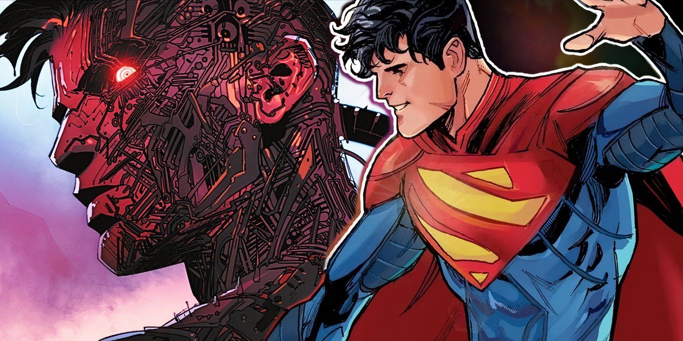 Jon Kent as a cyborg looking over his shoulder to the left and him smiling as Superman to the right