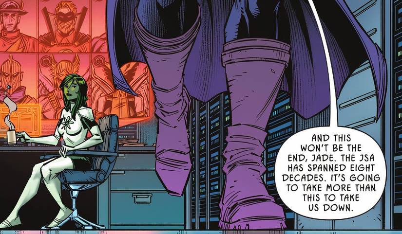 JSA 3 Sandman assures Jade that the Justice Society has lasted eight decades and can't be brought down easily