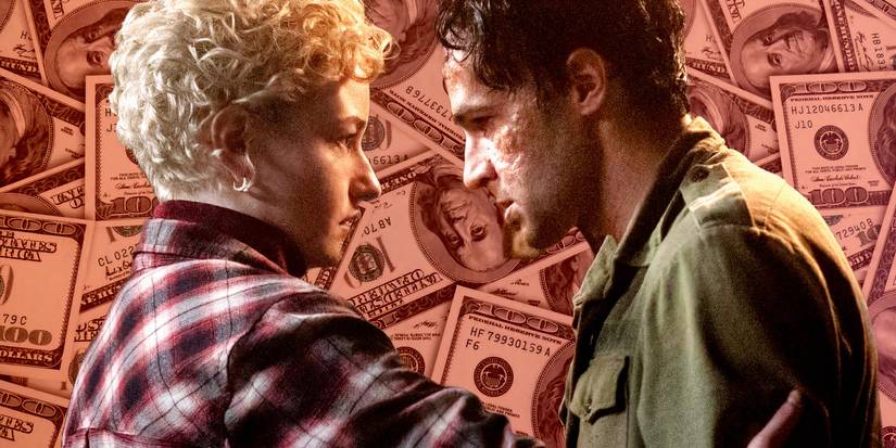 Julia Garner and Christopher Abbott from Wolf Man facing one another in front of red money