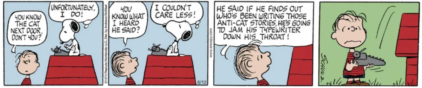 Snoopy throwing his typewriter to Linus.