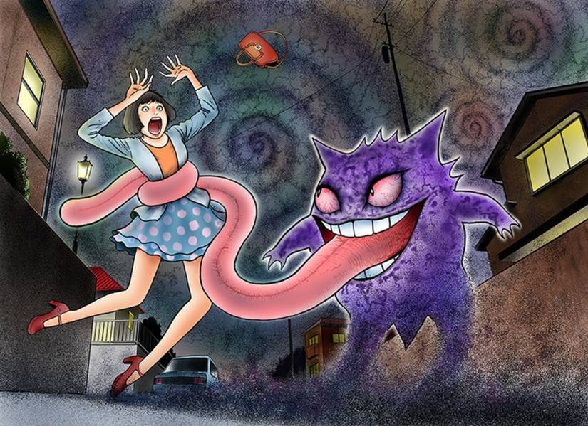 Gengar from Pokemon grabbing a woman with his tongue, designed by Junji Ito