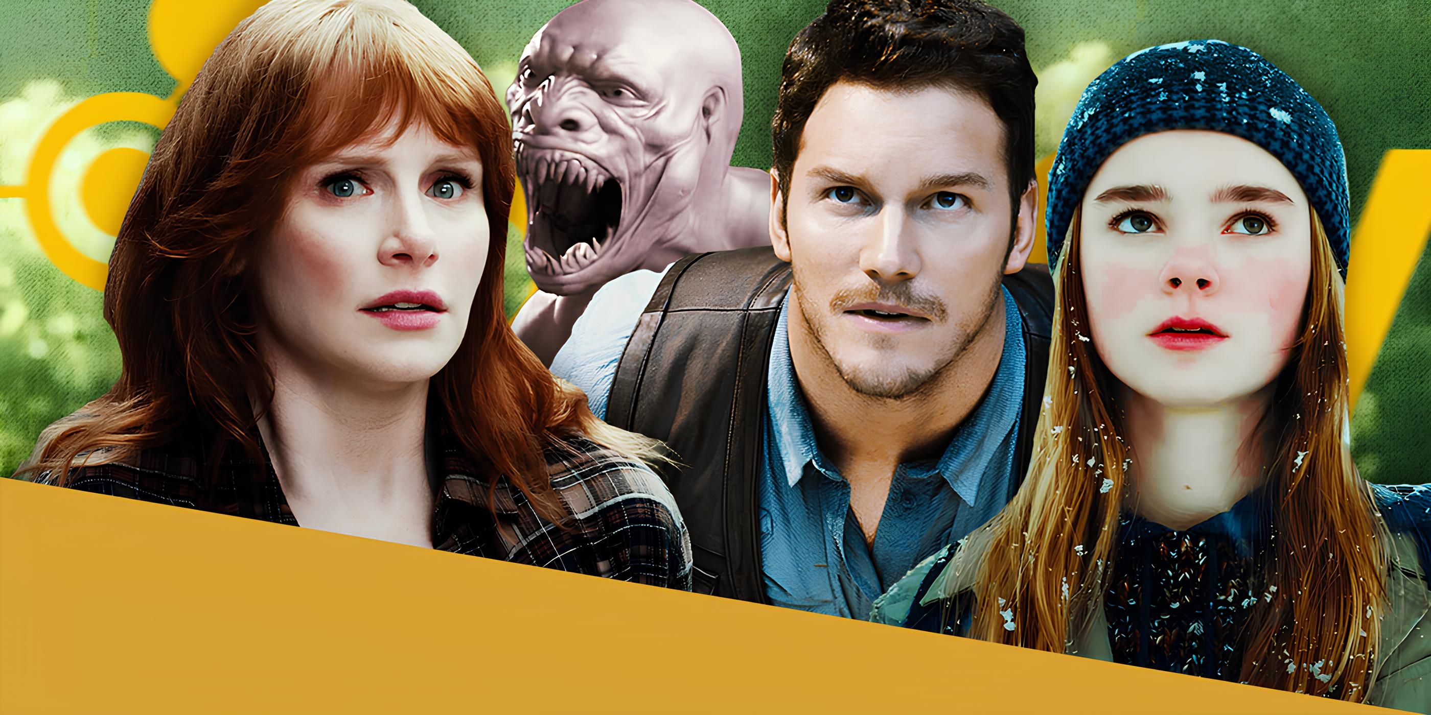 Jurassic World Characters including Chris Pratt and Bryce Dallas Howard in Front of Jurassic Park 4 Concept Art