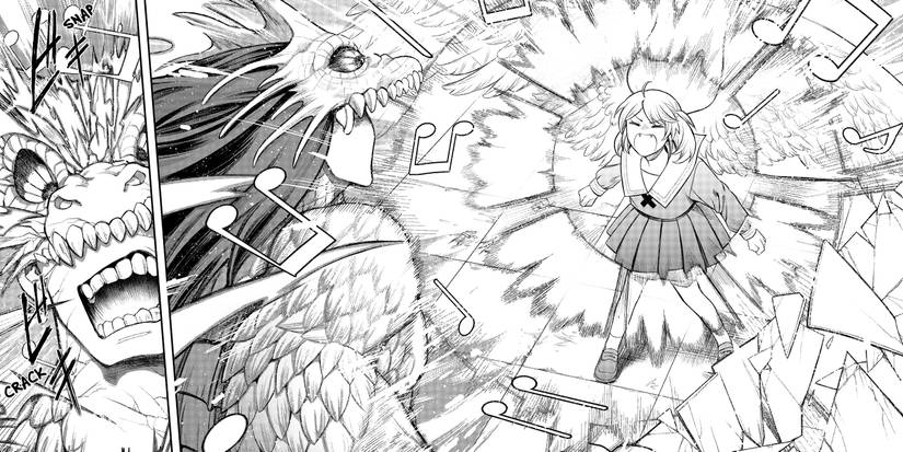 Kanoha's attacks the mystical creature that was harming Kei with her musical powers.