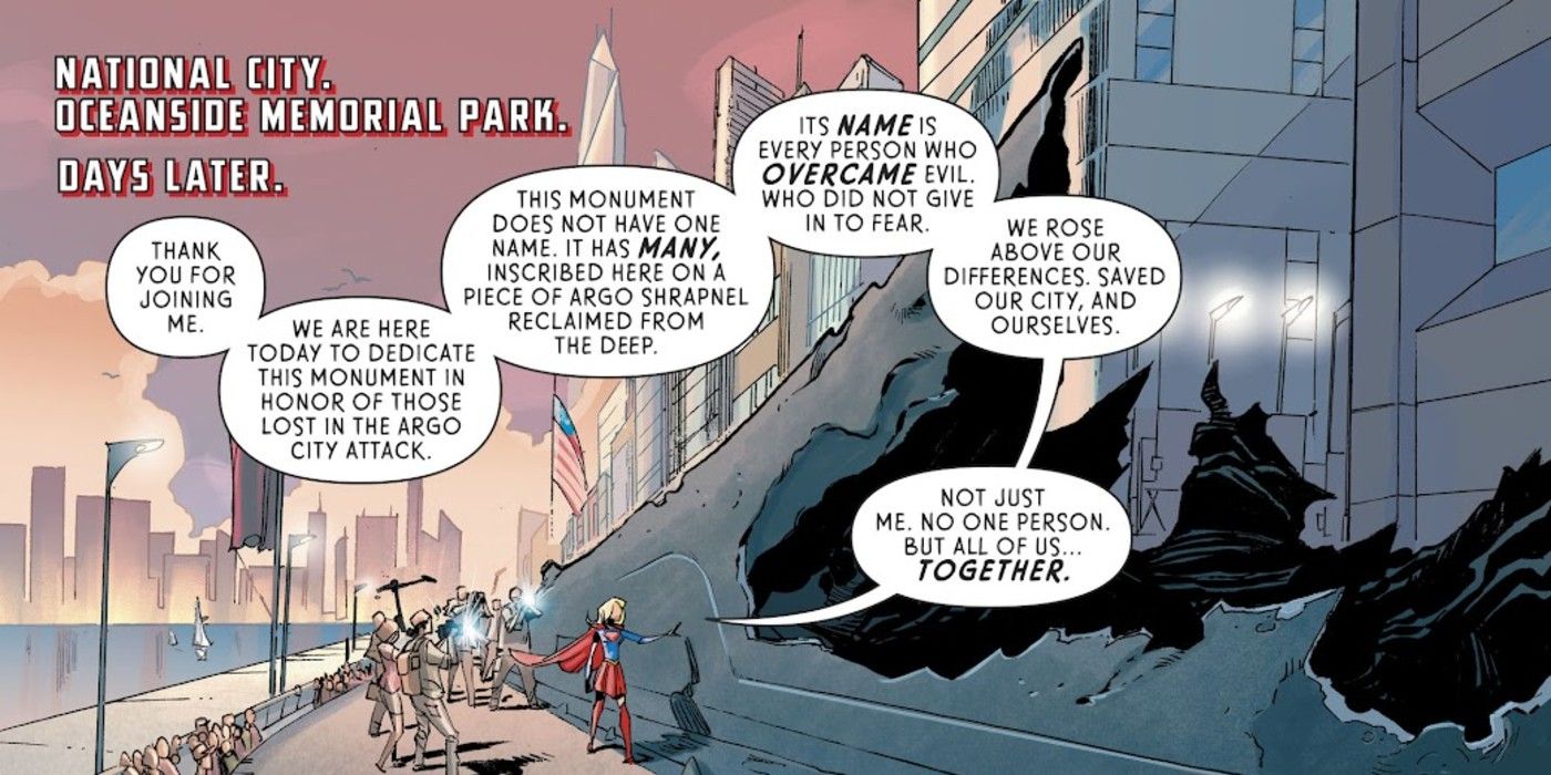 Kara Zor El addresses the people of National City in a speech in Supergirl #7