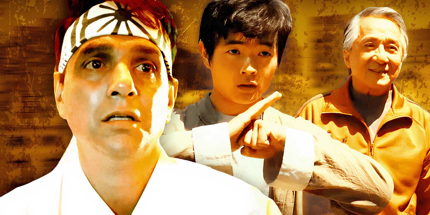 An edited image of Daniel LaRusso, Li Fong, and Mr. Han in Karate Kid: Legends.