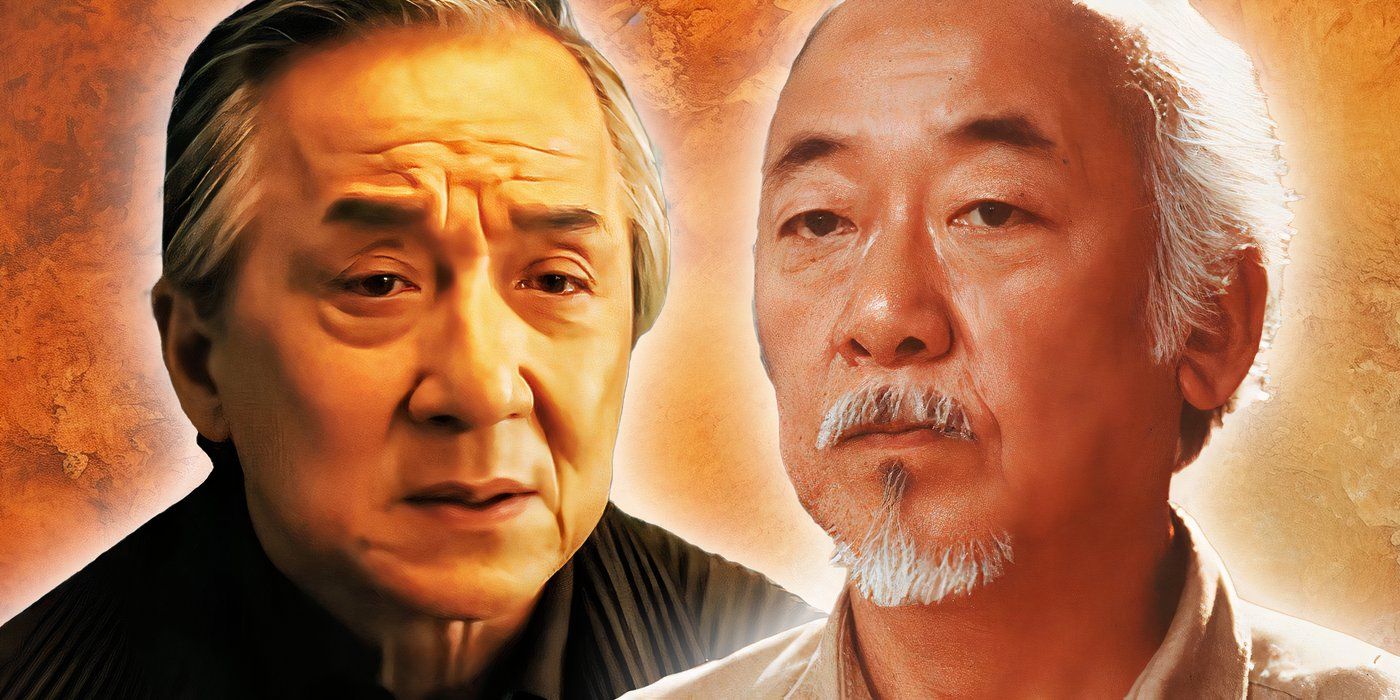 An edited image of Jackie Chan as Mr. Han and Pat Morita as Mr. Miyagi in the Karate Kid franchise.