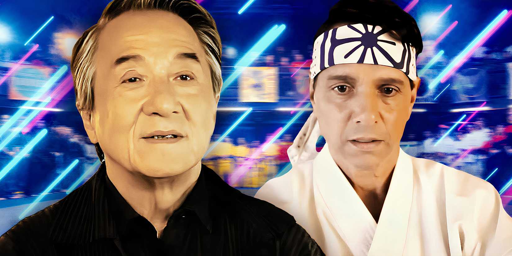Jackie Chan and Daniel LaRusso from Karate Kid: Legends (2025) above a tournament setting from Cobra Kai