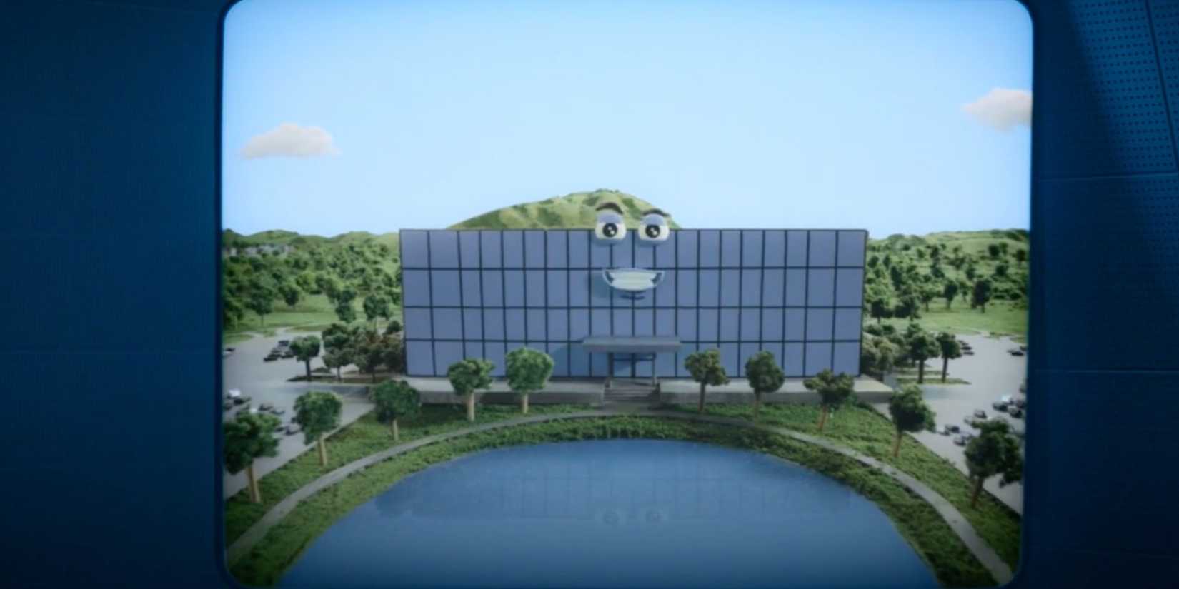 Keanu Reeves voicing Lumon building in Macrodat Uprising video in Severance season 2 episode 1