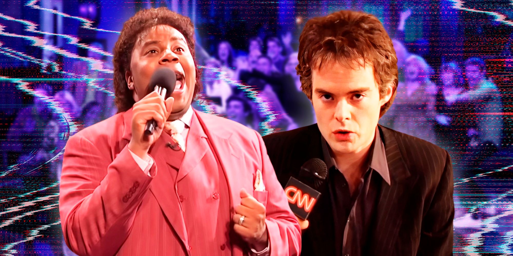 Kenan Thompson to the left and Bill Hader to the right both on SNL in front of an audience in a purple hue