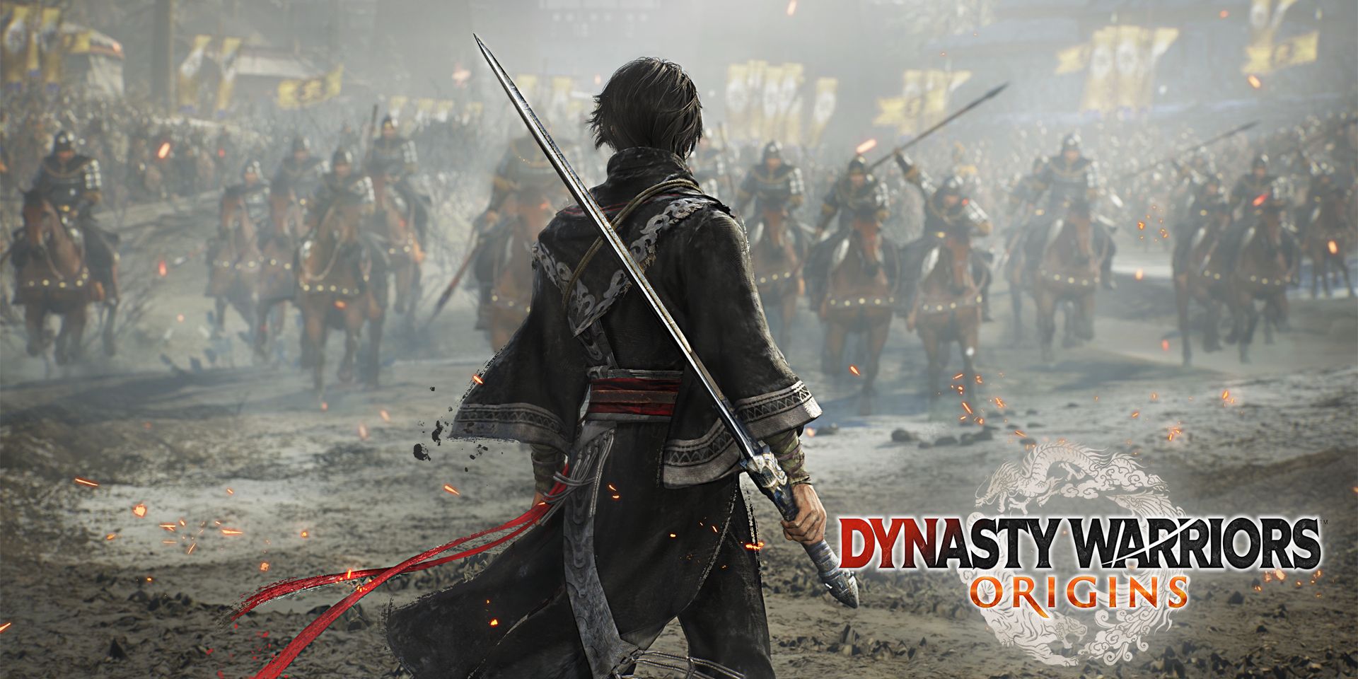 Key art for Dynasty Warriors Origins shows Ziluan with a sword behind his back, facing a massive enemy army partially shrouded in fog. The logo for the game appers in the lower right.