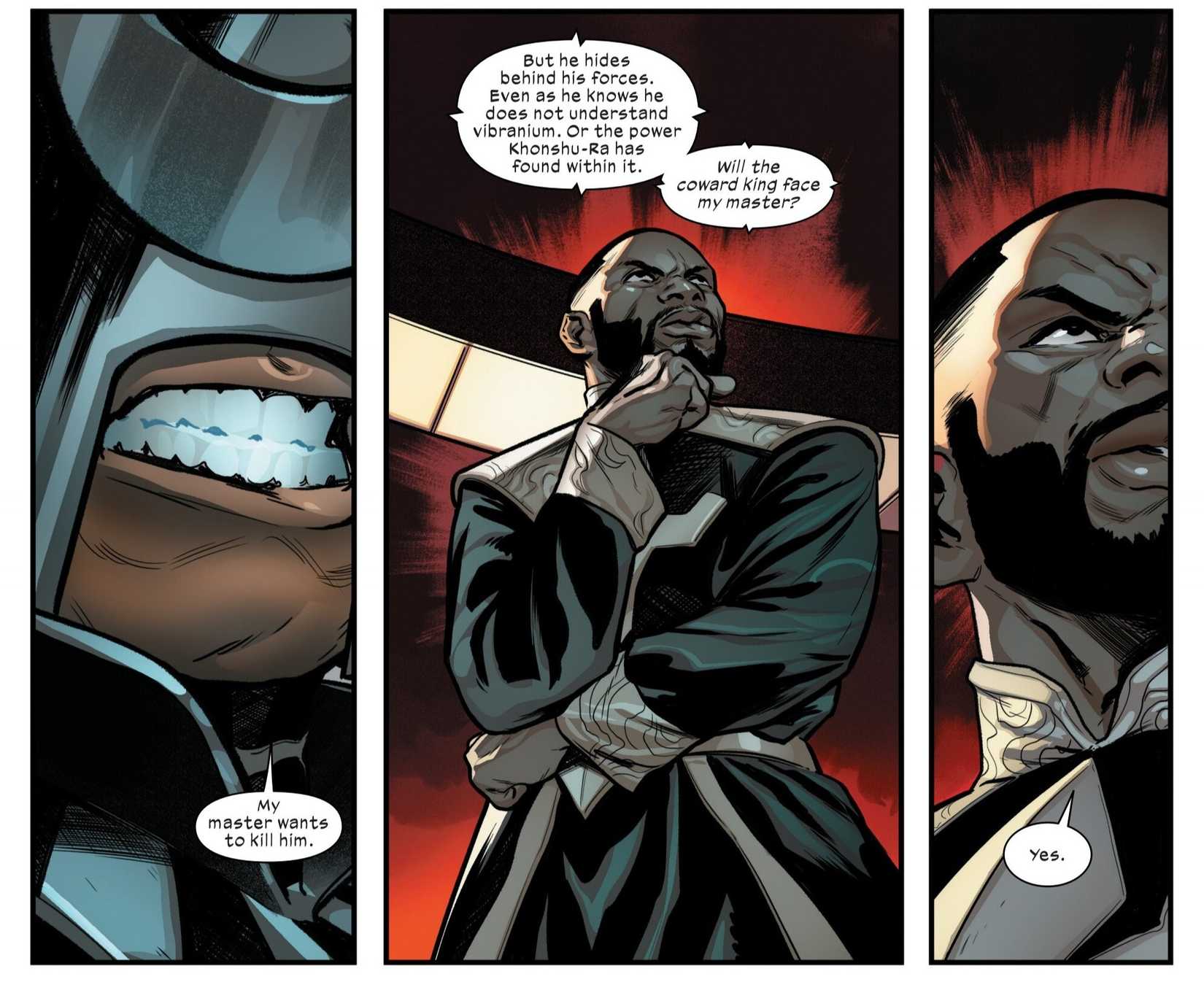 Comic book panels: Khonshu-Ra challenges Black Panther to a one-on-one duel.