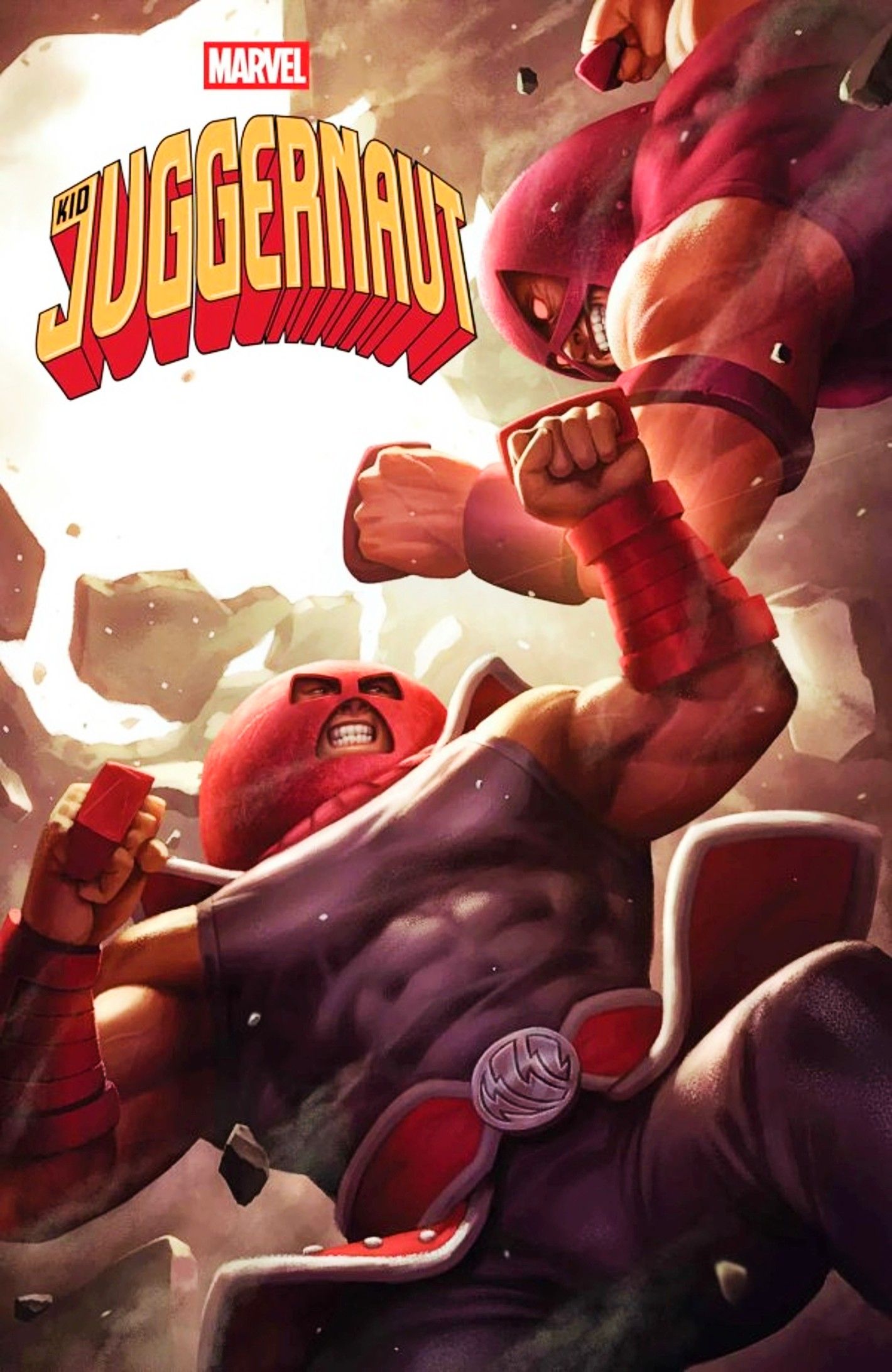 Kid Juggernaut #1 cover, two versions of Juggernaut trading blows