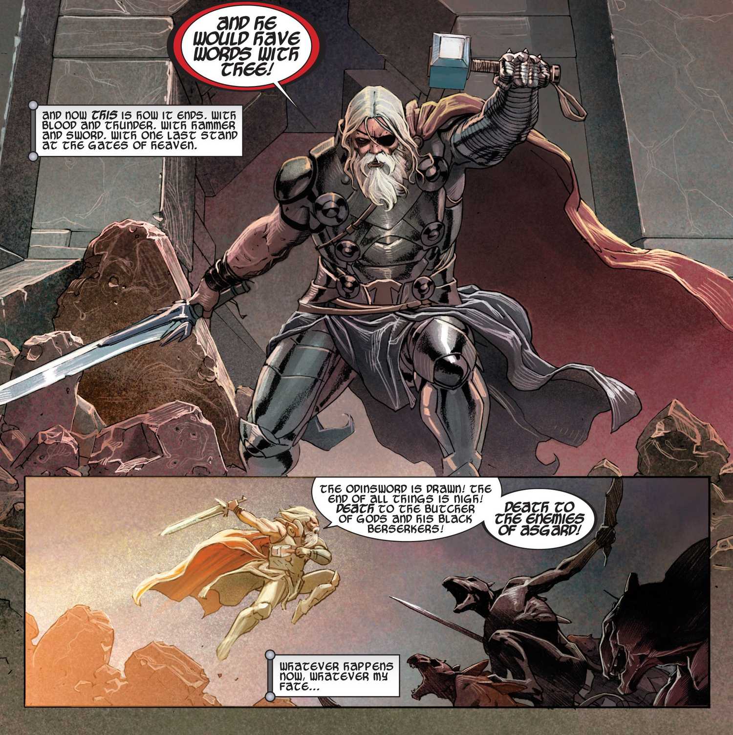 Comic book panels: King Thor defends Asgard from the forces of Gorr.