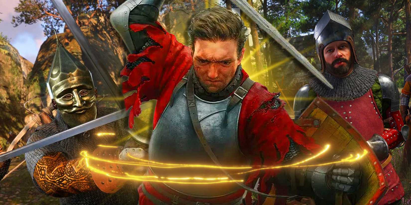 Henry holding a sword with combat on either side of him in Kingdom Come: Deliverance 2.