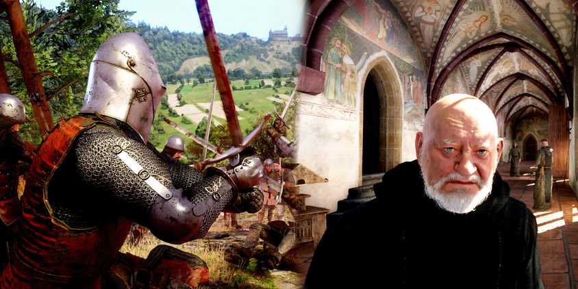 A Knight Wielding a sword next to a Monk in Kingdom Come Deliverance