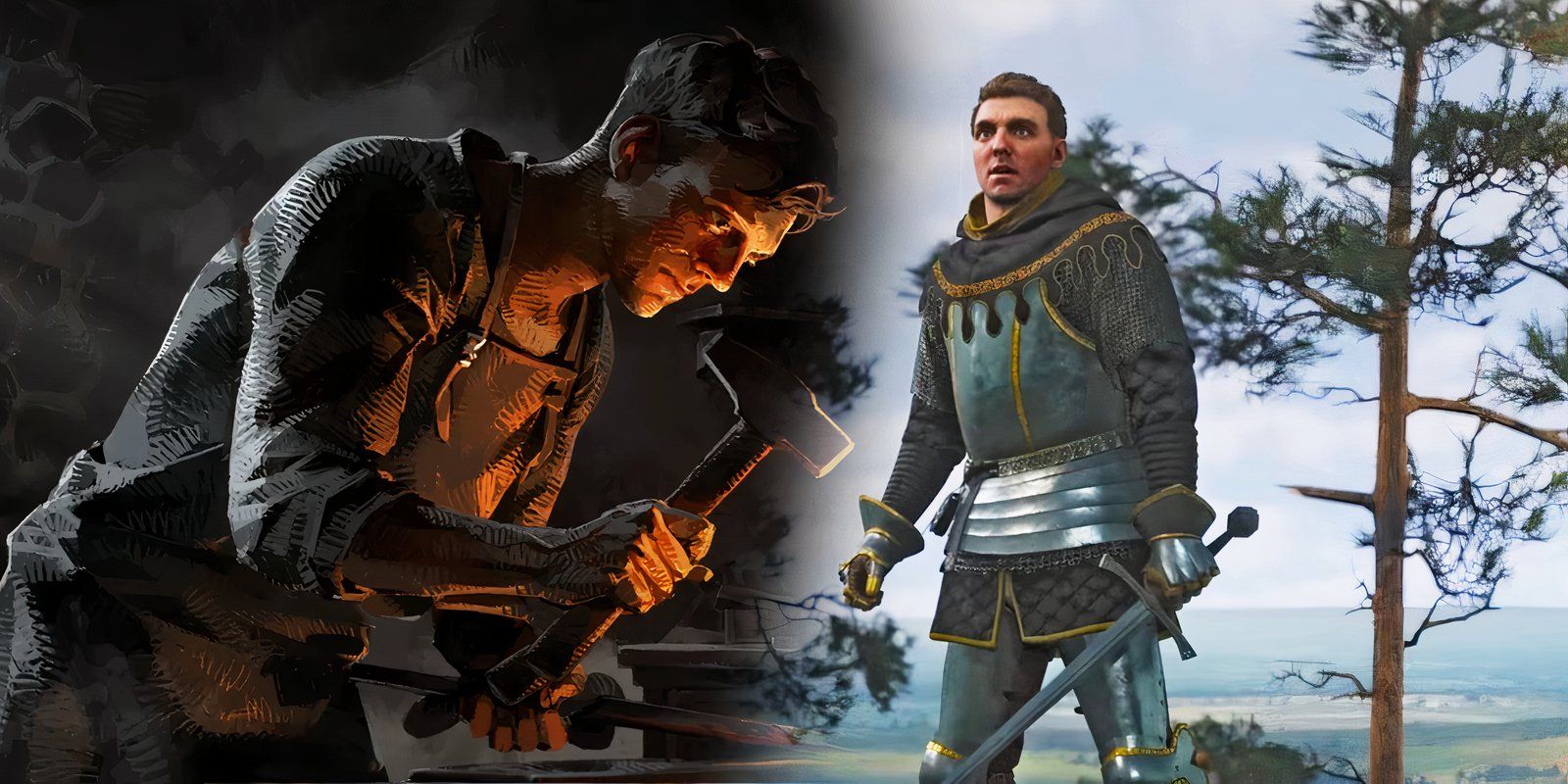 Henry using a hammer in a forge next to Henry wearing gilded armor in Kingdom Come: Deliverance 2