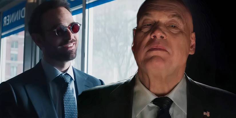 Matt Murdock sits at a diner and Kingpin stares menacingly in Daredevil: Born Again